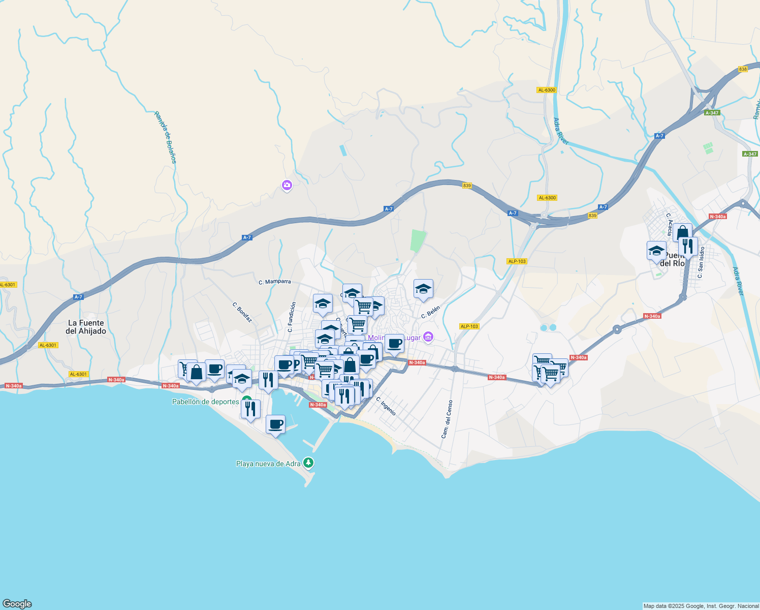 map of restaurants, bars, coffee shops, grocery stores, and more near 15 Calle Fuente in Adra