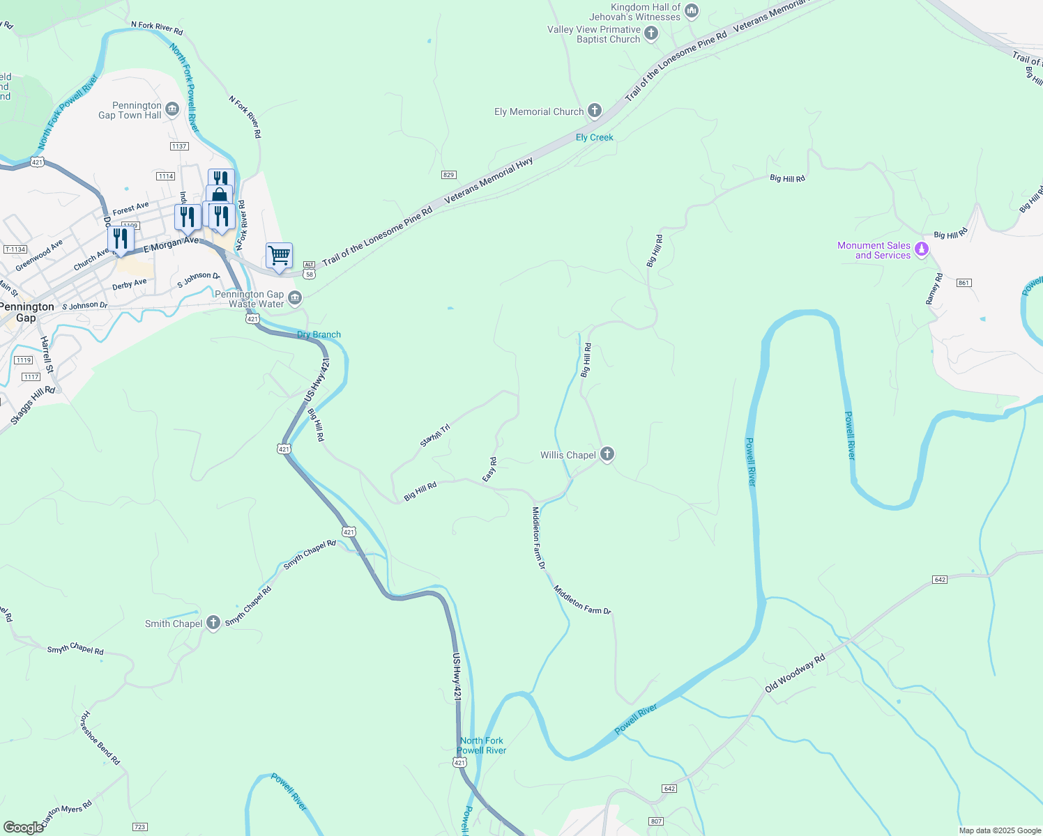 map of restaurants, bars, coffee shops, grocery stores, and more near Easy Drive in Pennington Gap