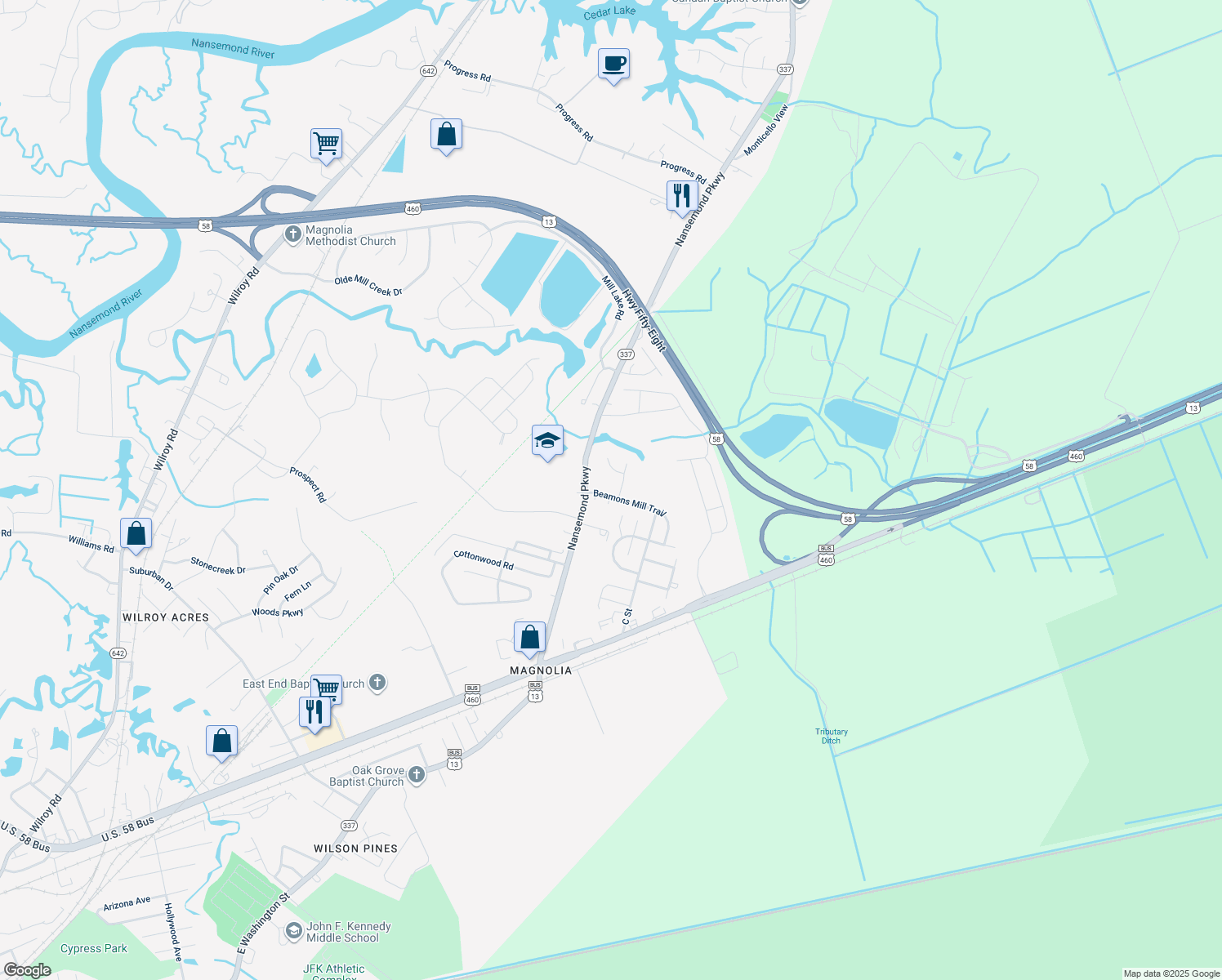map of restaurants, bars, coffee shops, grocery stores, and more near 228 Beamons Mill Trail in Suffolk