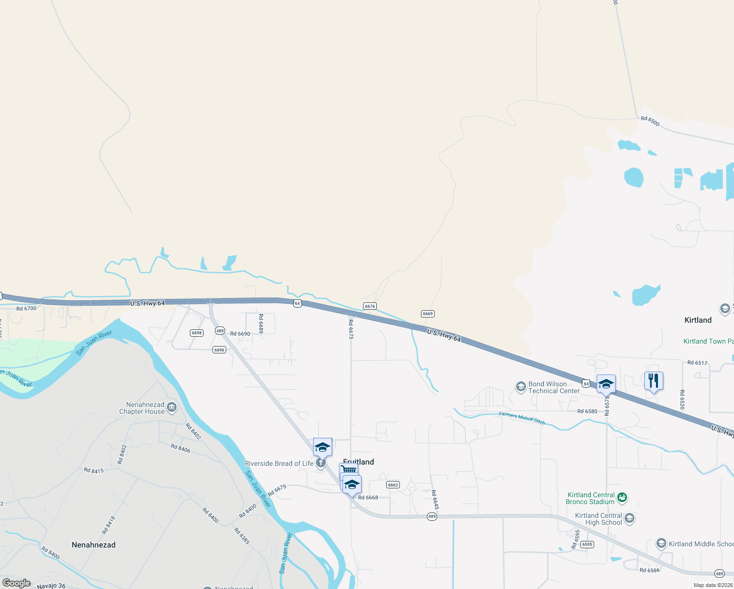 map of restaurants, bars, coffee shops, grocery stores, and more near 13 County Road 6676 in Fruitland