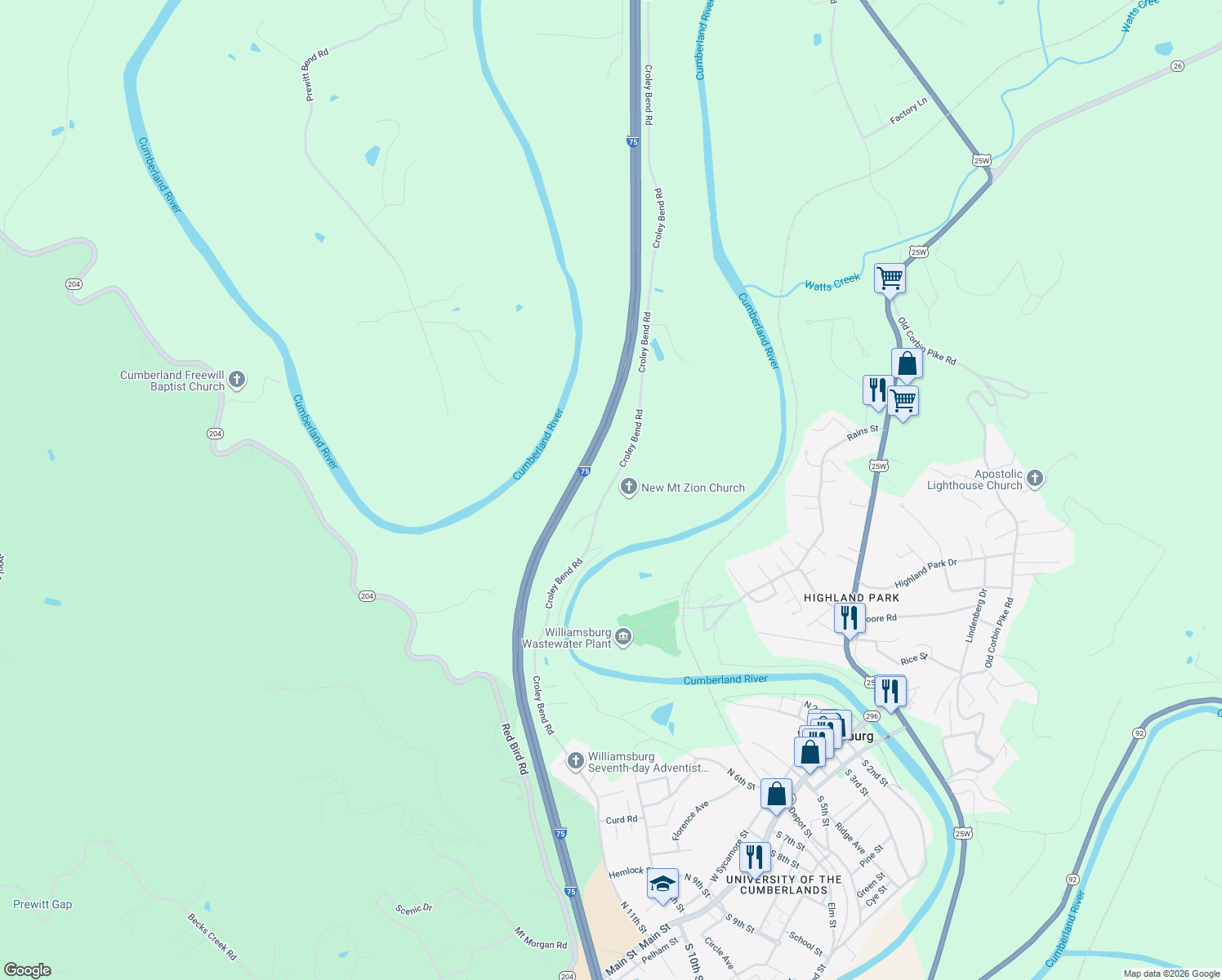 map of restaurants, bars, coffee shops, grocery stores, and more near 1056 Croley Bend Road in Williamsburg