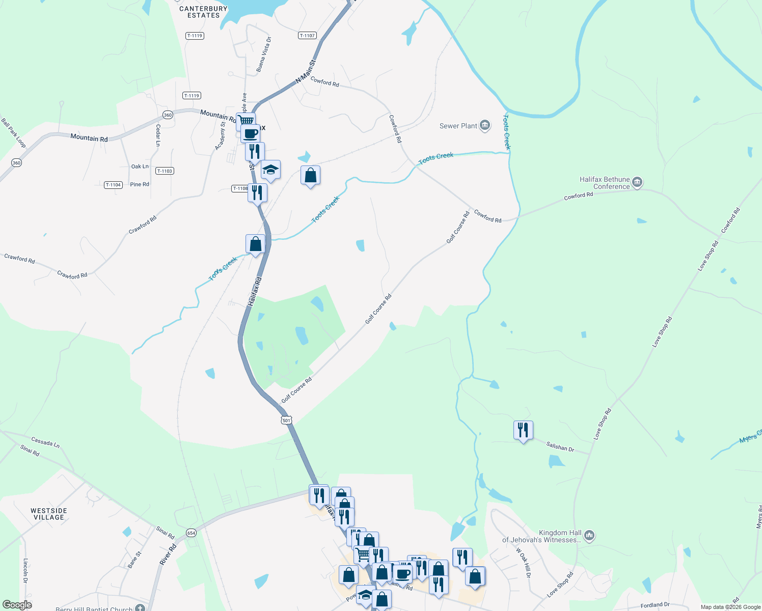 map of restaurants, bars, coffee shops, grocery stores, and more near 1172 Golf Course Rd in Halifax