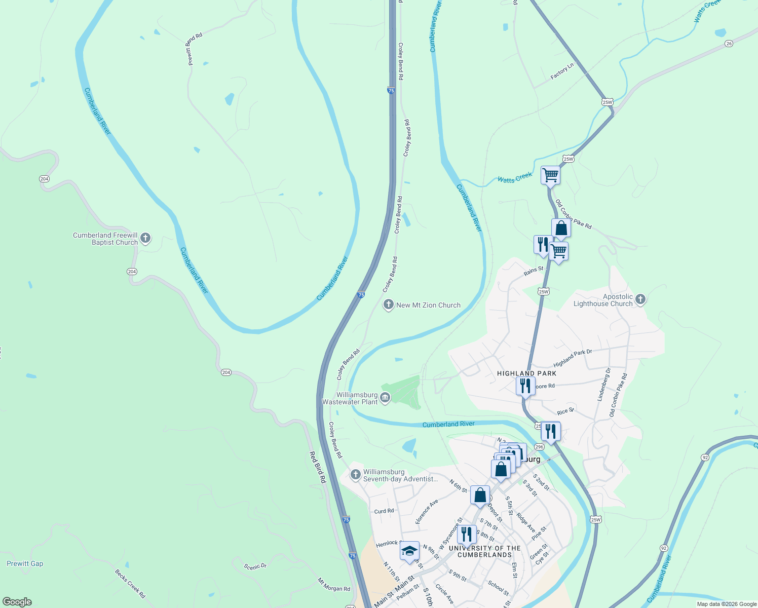 map of restaurants, bars, coffee shops, grocery stores, and more near 1056 Croley Bend Road in Williamsburg