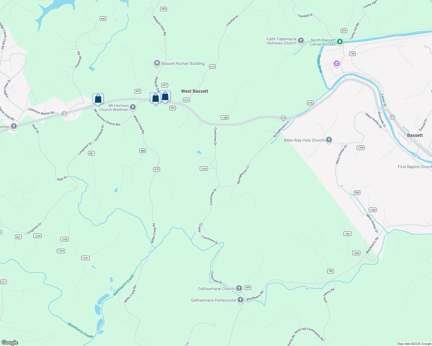 map of restaurants, bars, coffee shops, grocery stores, and more near 1391 Crestview Drive in Bassett