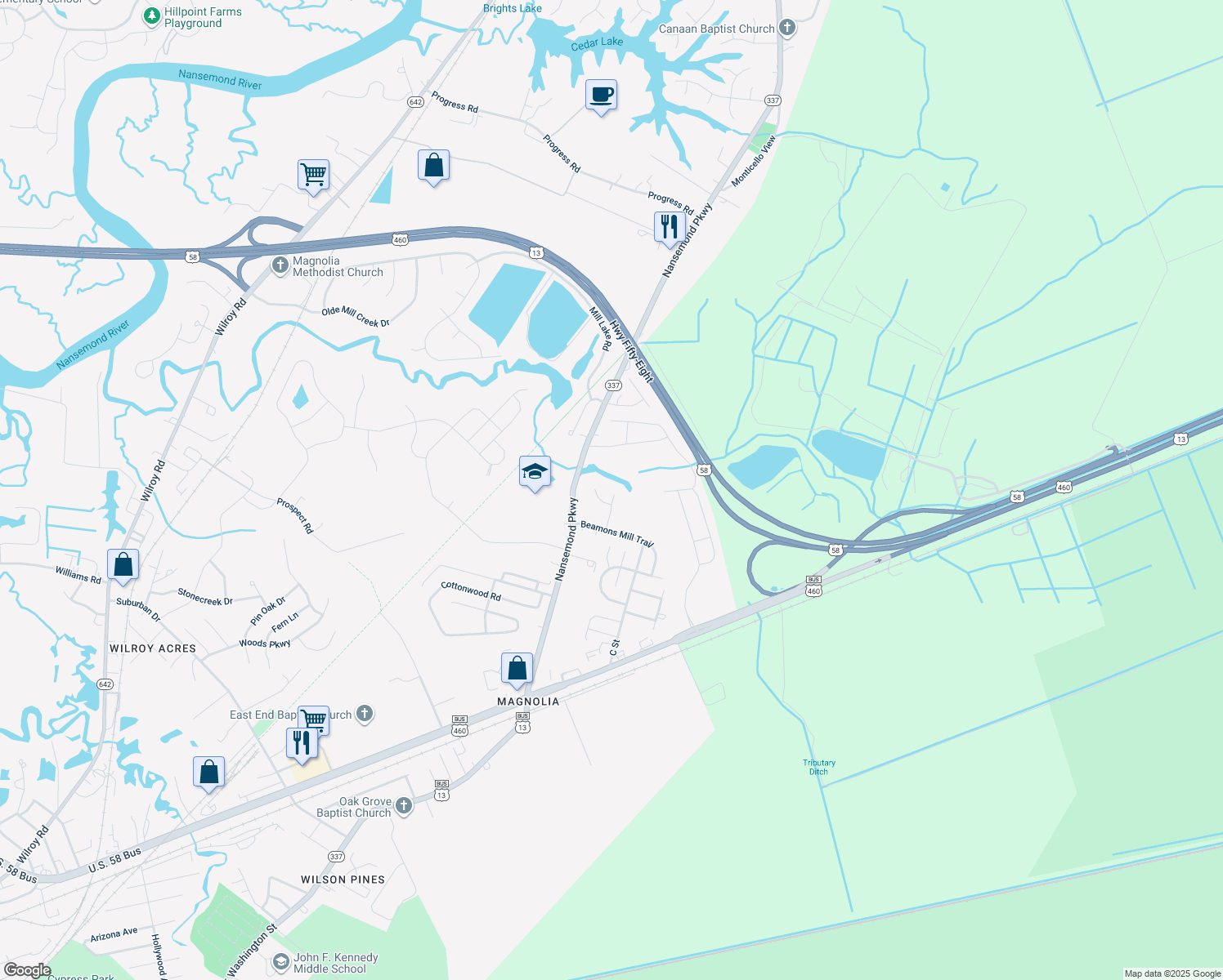 map of restaurants, bars, coffee shops, grocery stores, and more near 1213 B Street in Suffolk