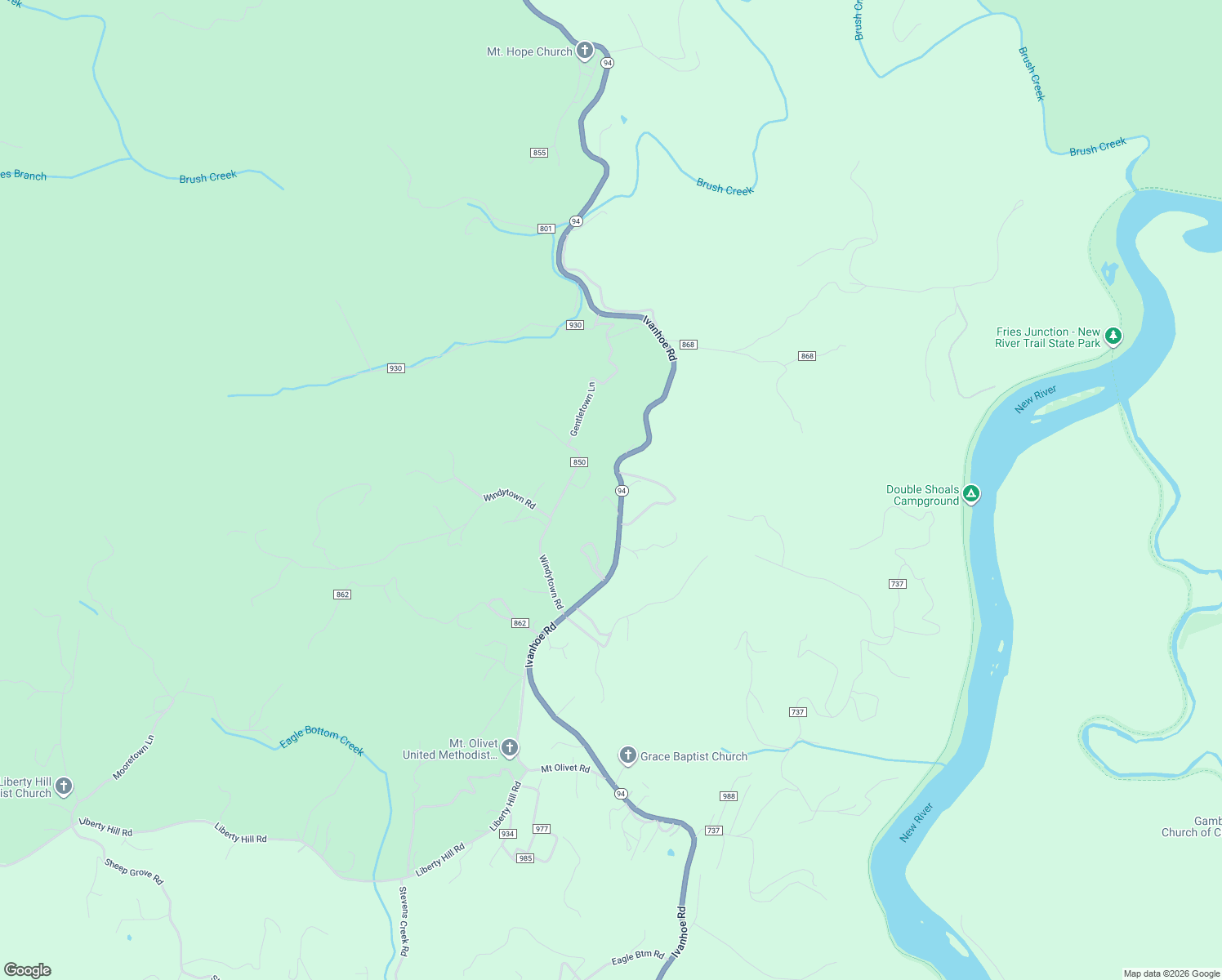 map of restaurants, bars, coffee shops, grocery stores, and more near 2925 Ivanhoe Road in Fries