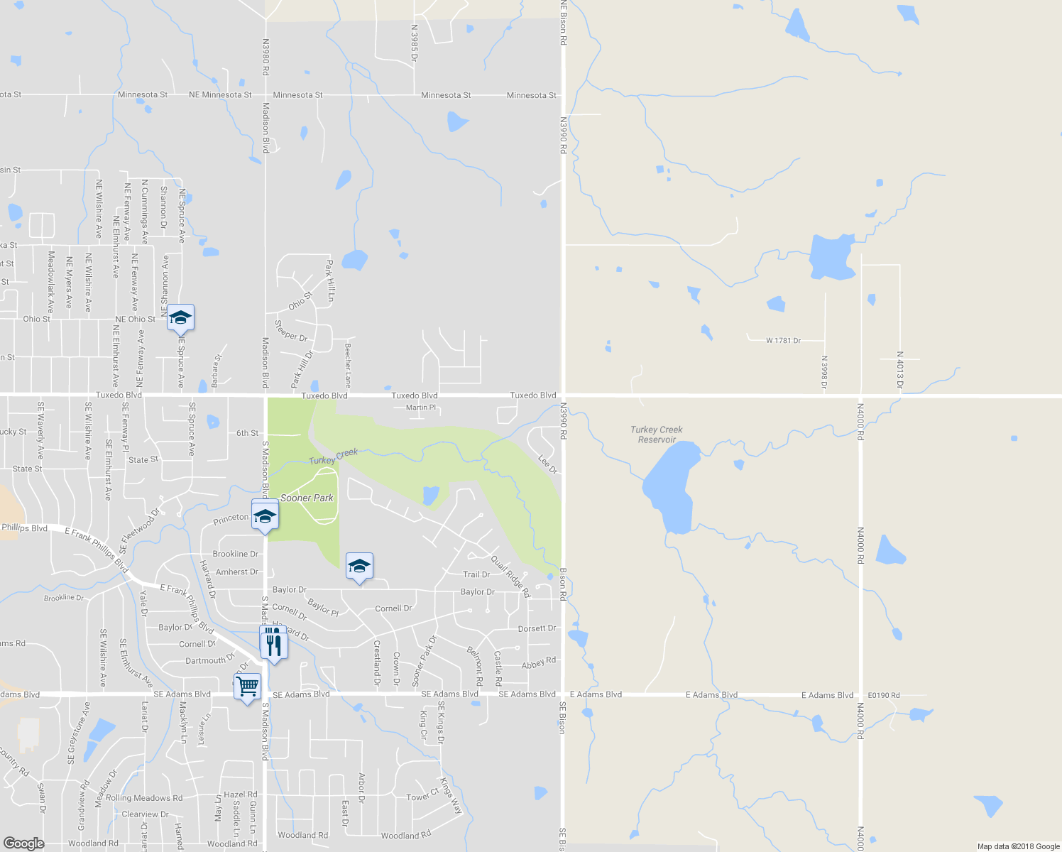 map of restaurants, bars, coffee shops, grocery stores, and more near 6712 Lee Drive in Bartlesville