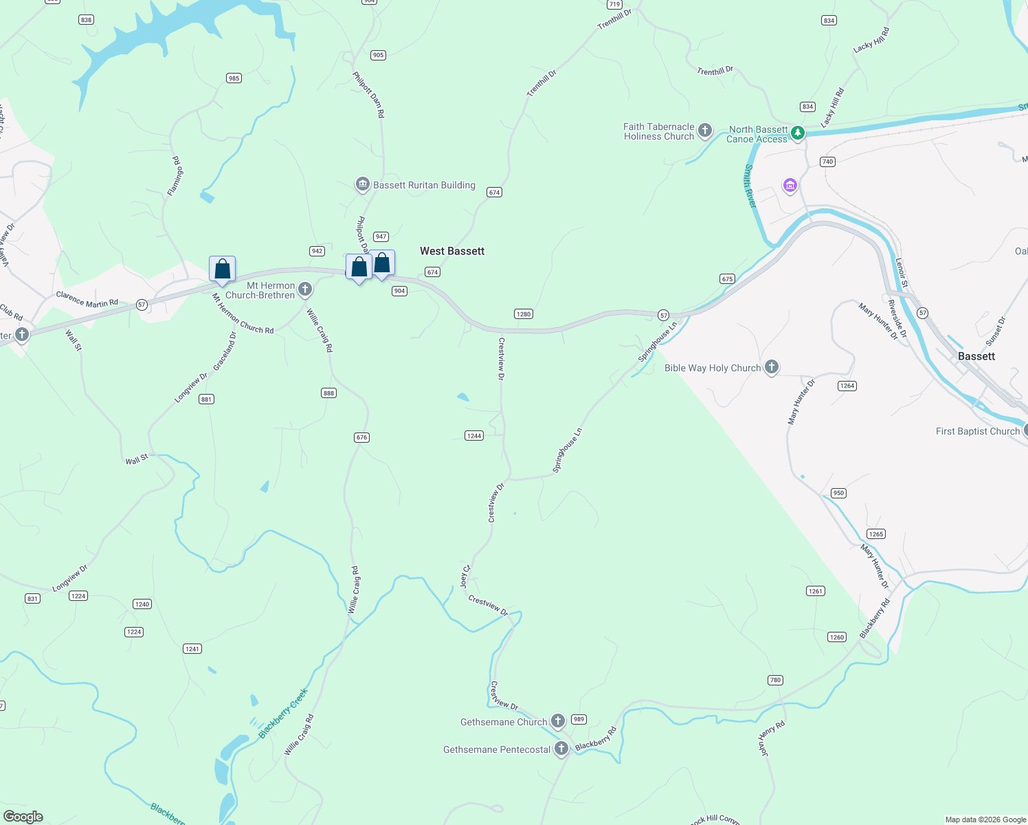 map of restaurants, bars, coffee shops, grocery stores, and more near 1391 Crestview Drive in Bassett