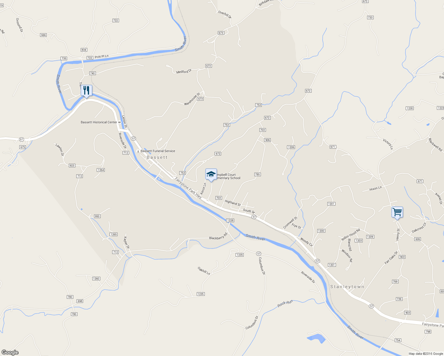 map of restaurants, bars, coffee shops, grocery stores, and more near 227 Ridgewood Road in Bassett