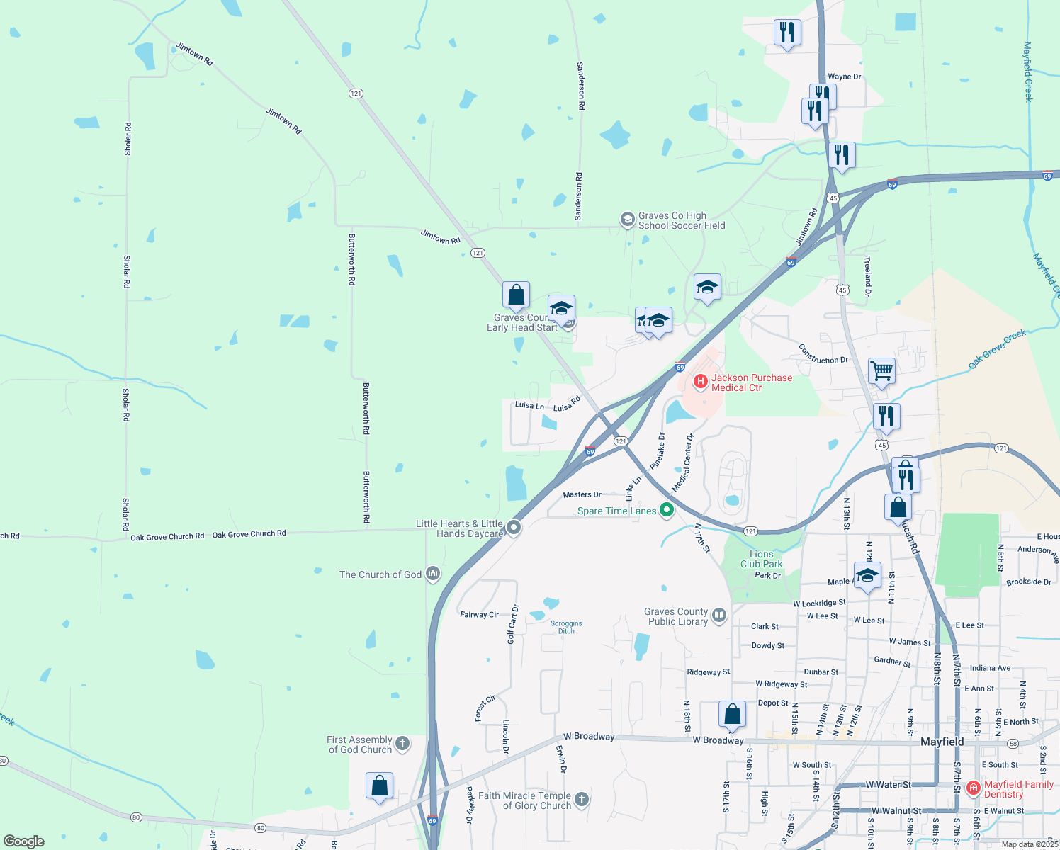 map of restaurants, bars, coffee shops, grocery stores, and more near 1198 Cindy Ln in Mayfield