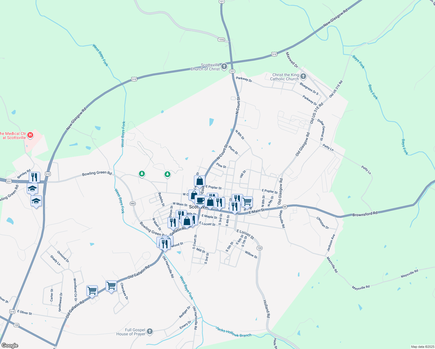 map of restaurants, bars, coffee shops, grocery stores, and more near 127 E Cedar St in Scottsville