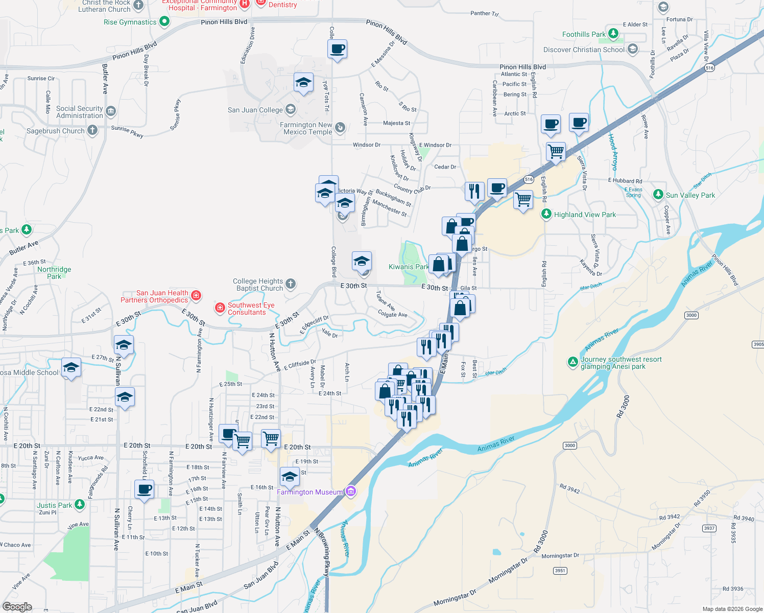 map of restaurants, bars, coffee shops, grocery stores, and more near 3007 Tulane Avenue in Farmington