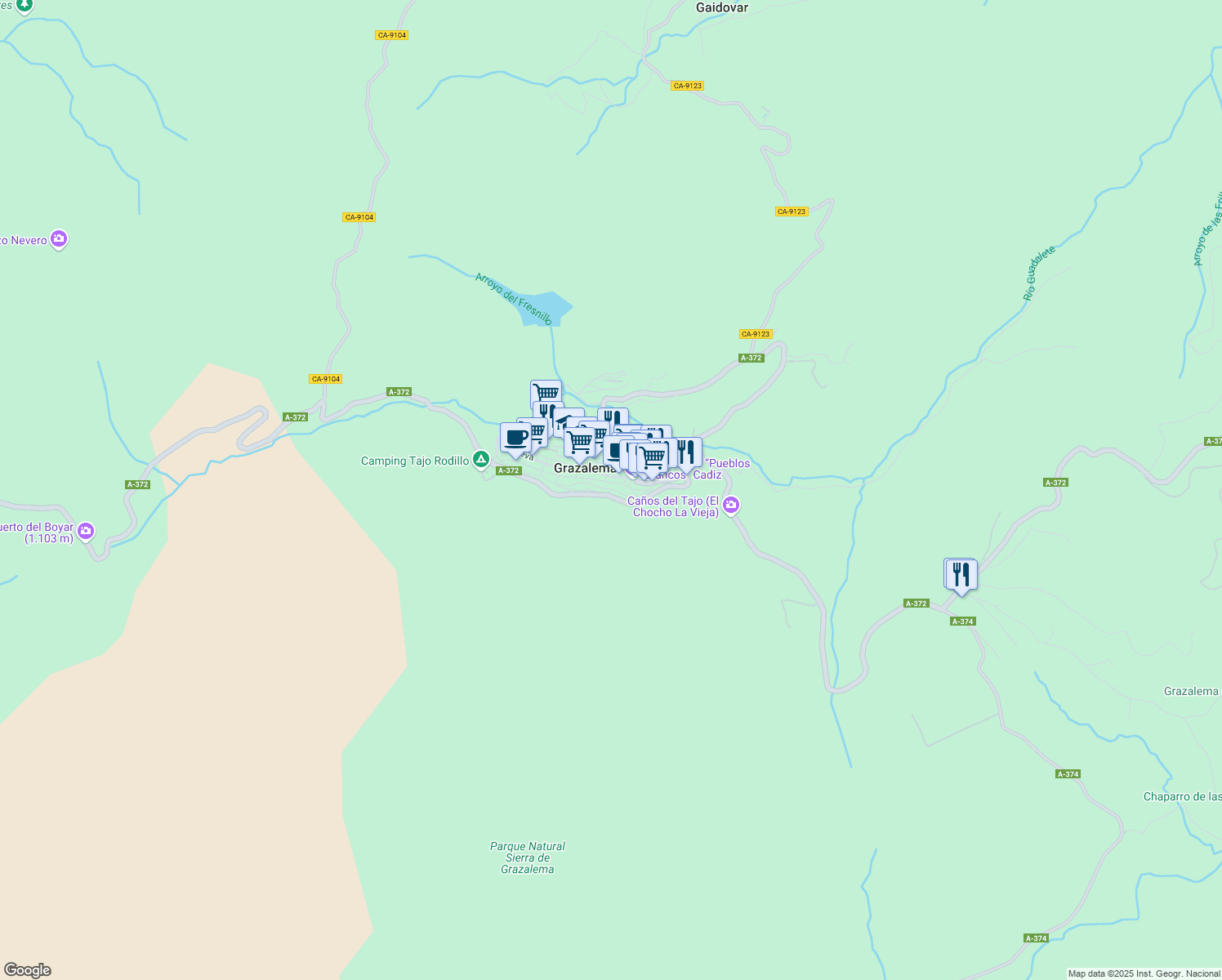 map of restaurants, bars, coffee shops, grocery stores, and more near 32 Calle las Parras in Grazalema