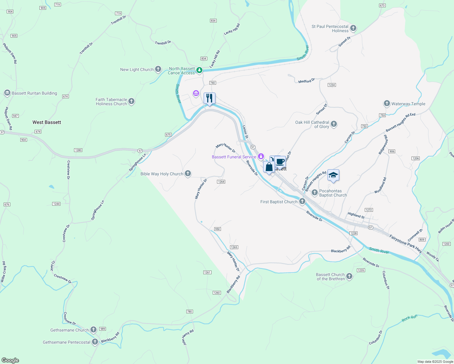 map of restaurants, bars, coffee shops, grocery stores, and more near in Bassett