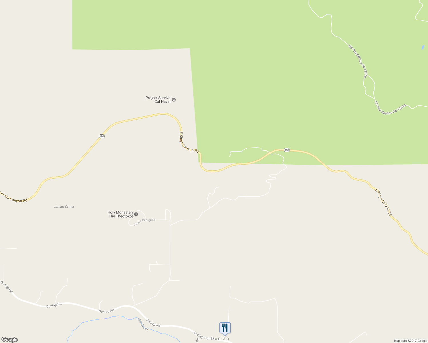 map of restaurants, bars, coffee shops, grocery stores, and more near California 180 in Dunlap