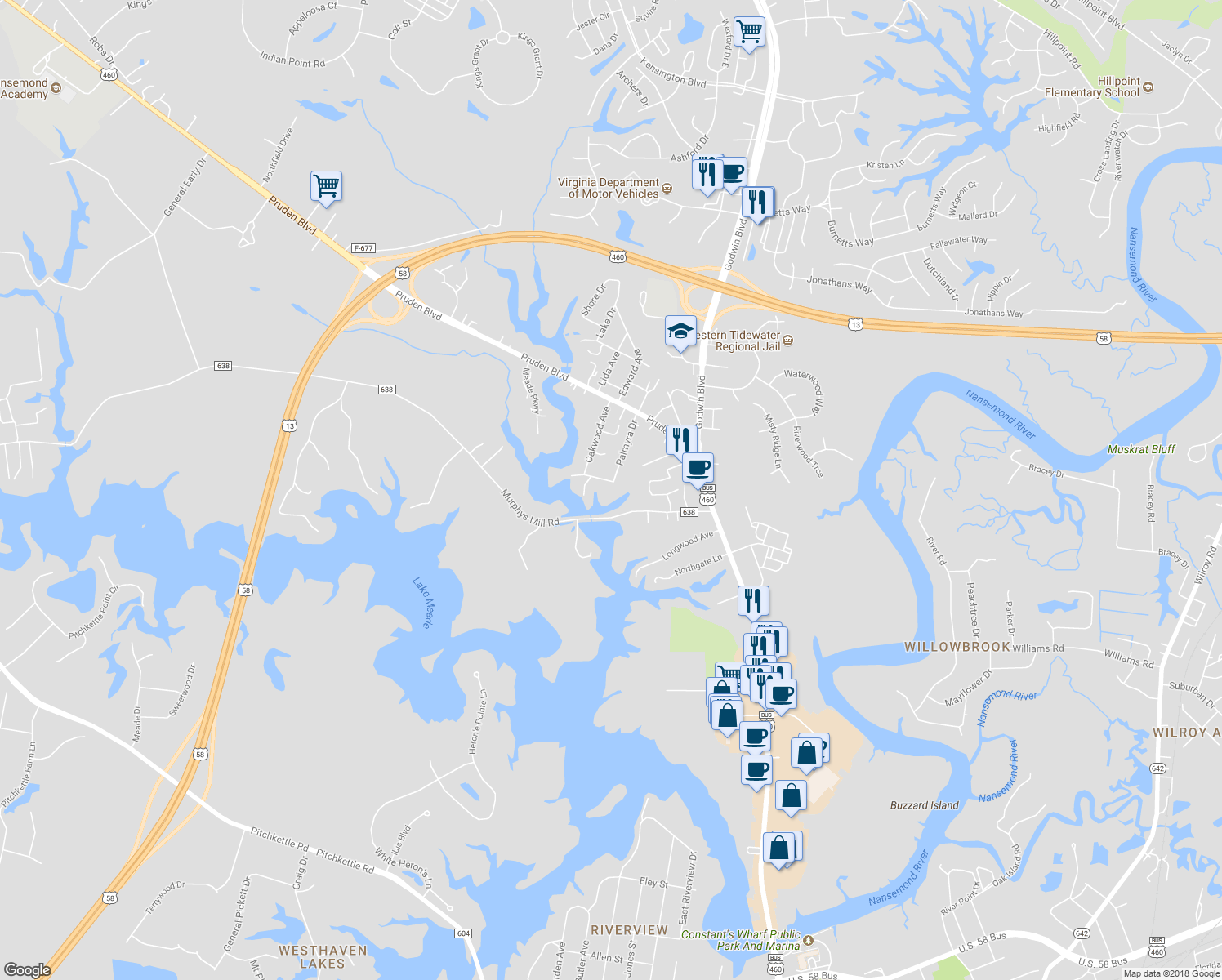 map of restaurants, bars, coffee shops, grocery stores, and more near 1303 Beechwood Avenue in Suffolk