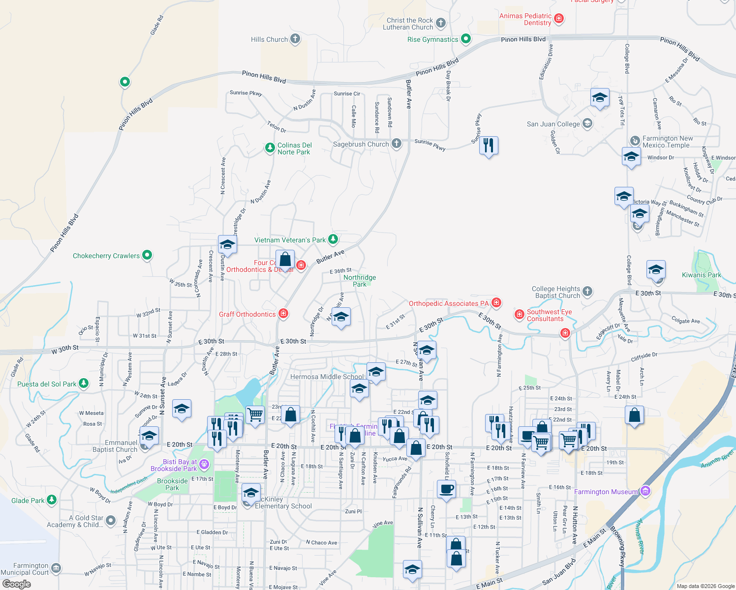 map of restaurants, bars, coffee shops, grocery stores, and more near 3407 Northridge Ct in Farmington