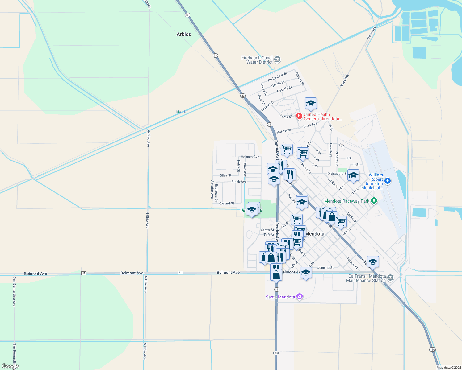 map of restaurants, bars, coffee shops, grocery stores, and more near 211 Maldonado Street in Mendota