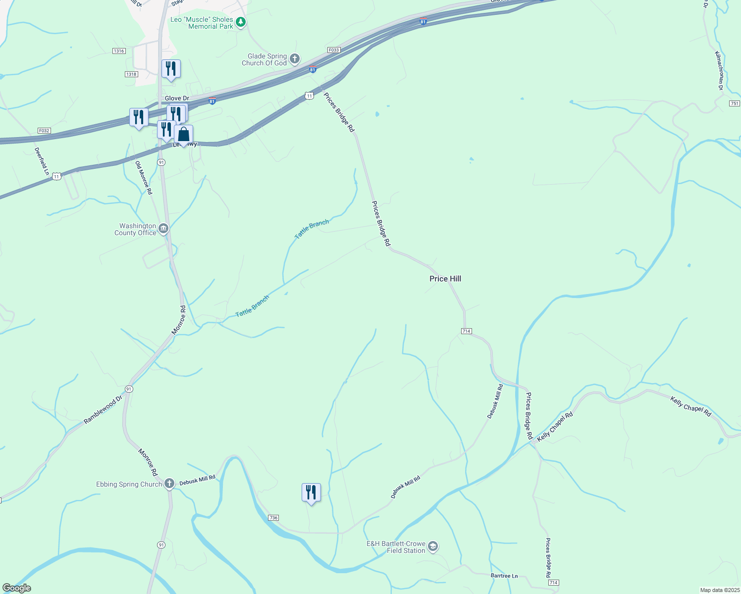 map of restaurants, bars, coffee shops, grocery stores, and more near 13404 Prices Bridge Road in Glade Spring