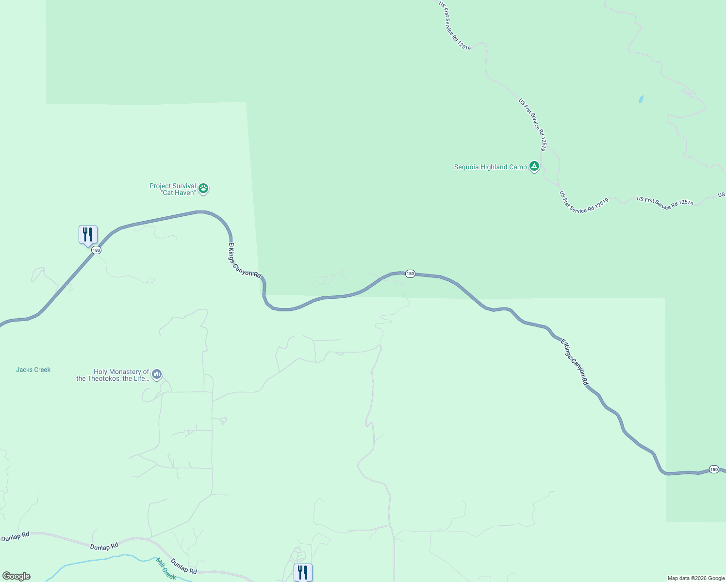map of restaurants, bars, coffee shops, grocery stores, and more near California 180 in Dunlap