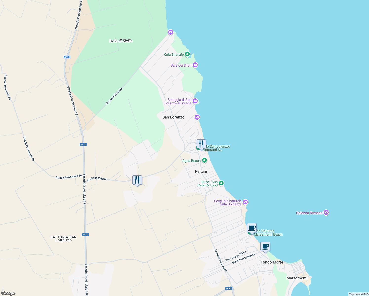 map of restaurants, bars, coffee shops, grocery stores, and more near 2 Contrada San Lorenzo in Marzamemi
