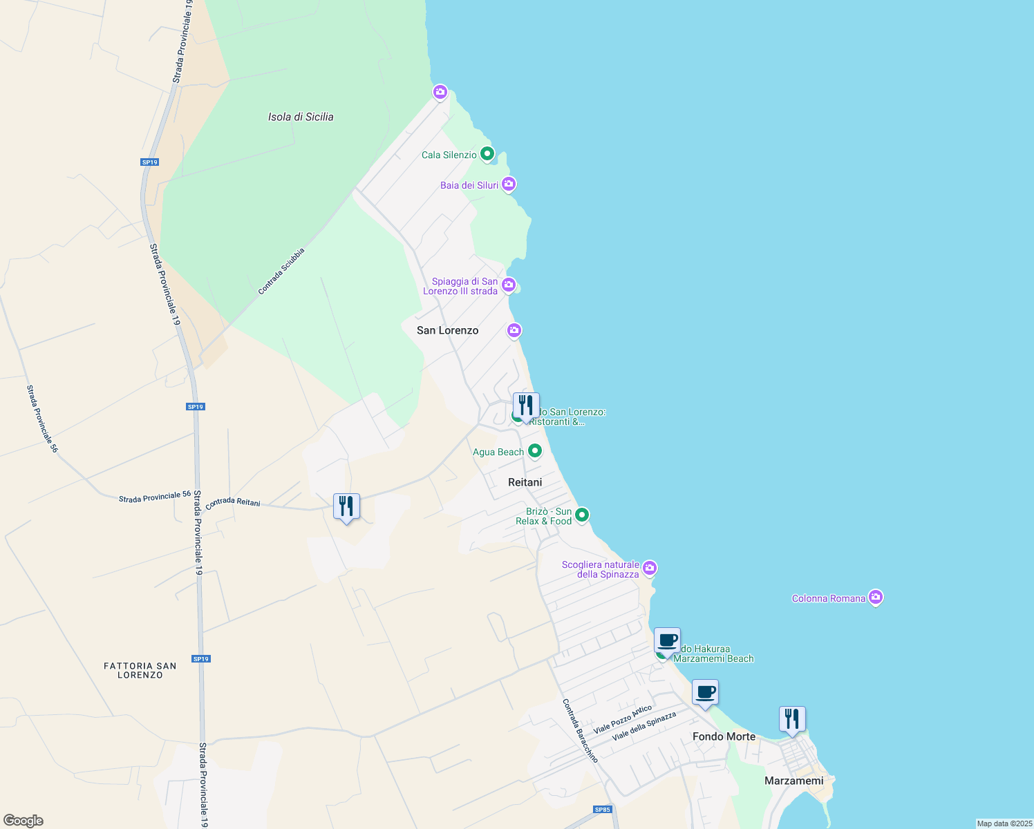 map of restaurants, bars, coffee shops, grocery stores, and more near Contrada San Lorenzo in Libero consorzio comunale di Siracusa
