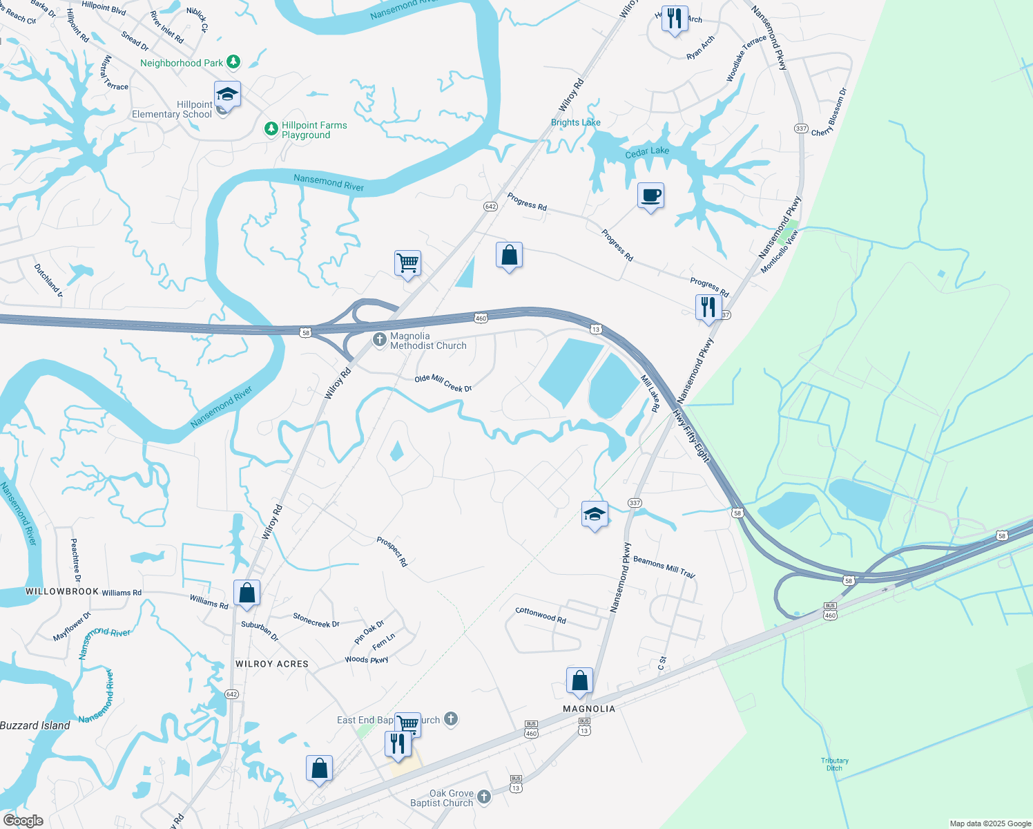 map of restaurants, bars, coffee shops, grocery stores, and more near 1783 Mill Wood Way in Suffolk