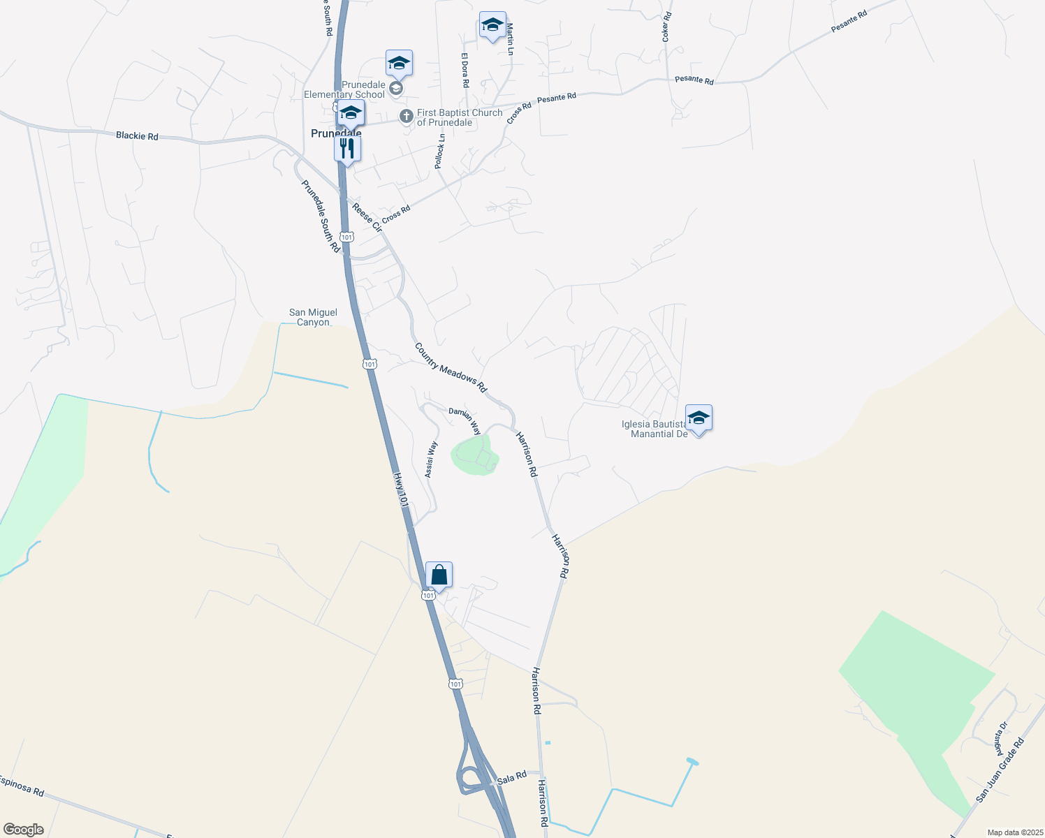map of restaurants, bars, coffee shops, grocery stores, and more near 10759 Country Meadows Road in Salinas
