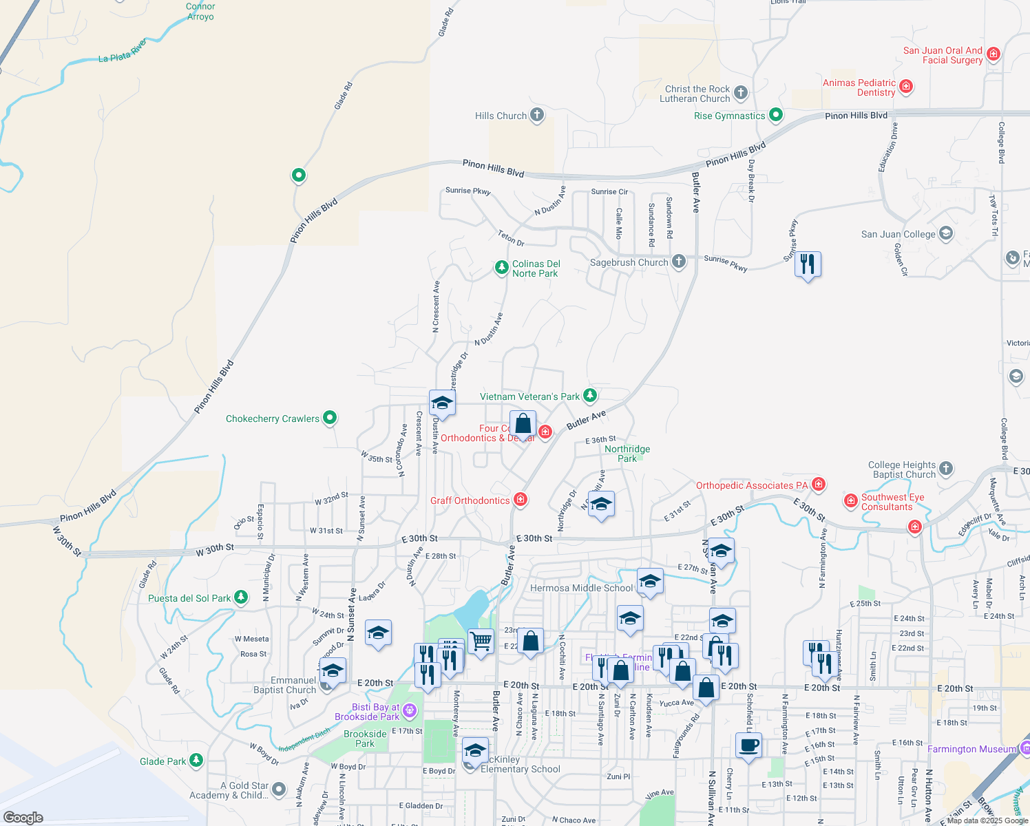 map of restaurants, bars, coffee shops, grocery stores, and more near 605 East 38th Street in Farmington