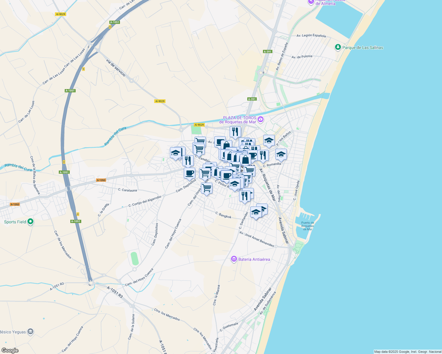 map of restaurants, bars, coffee shops, grocery stores, and more near 45 Calle la Molina in Roquetas de Mar