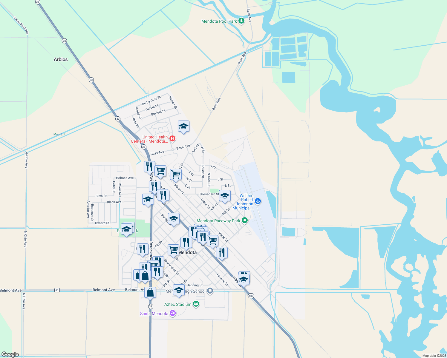 map of restaurants, bars, coffee shops, grocery stores, and more near 585 J Street in Mendota