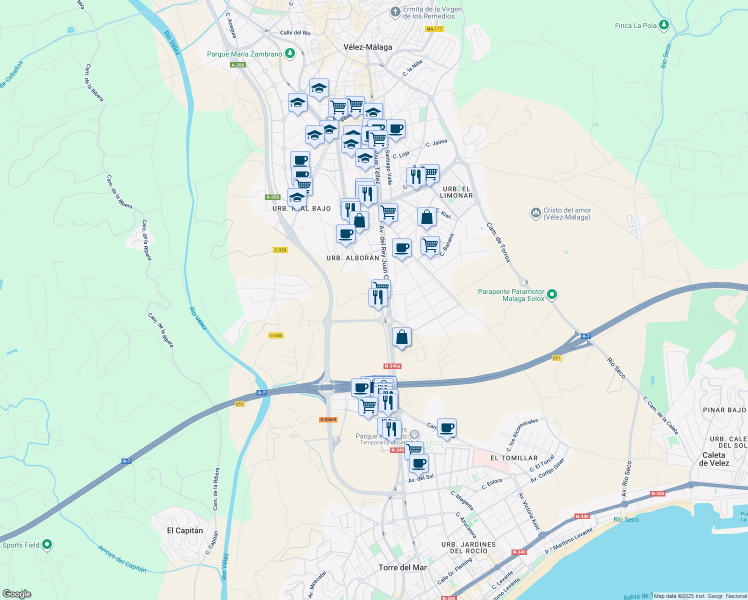 map of restaurants, bars, coffee shops, grocery stores, and more near in Vélez-Málaga
