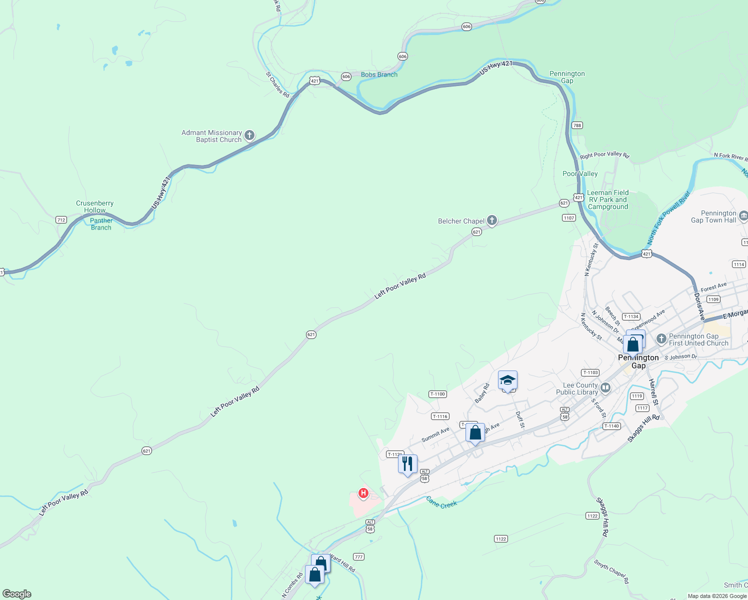 map of restaurants, bars, coffee shops, grocery stores, and more near State Route 621 in Pennington Gap
