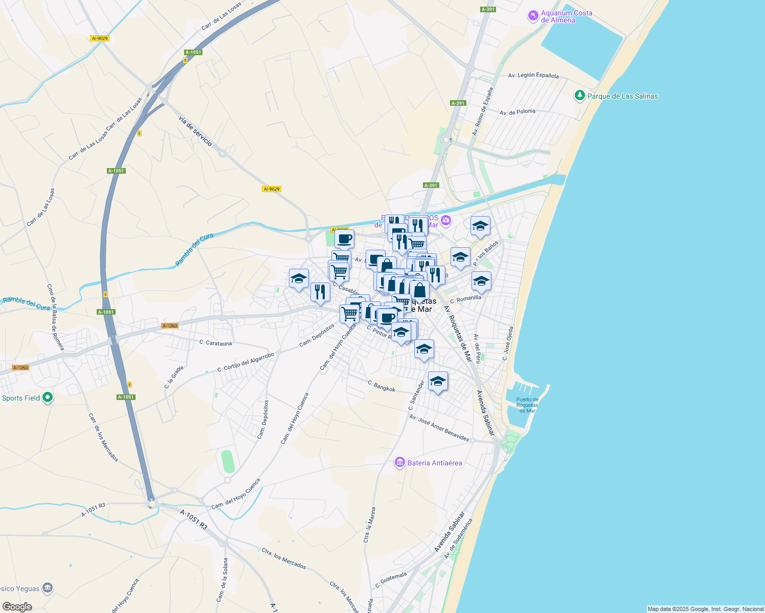 map of restaurants, bars, coffee shops, grocery stores, and more near 57 Avenida Pablo Picasso in Roquetas de Mar