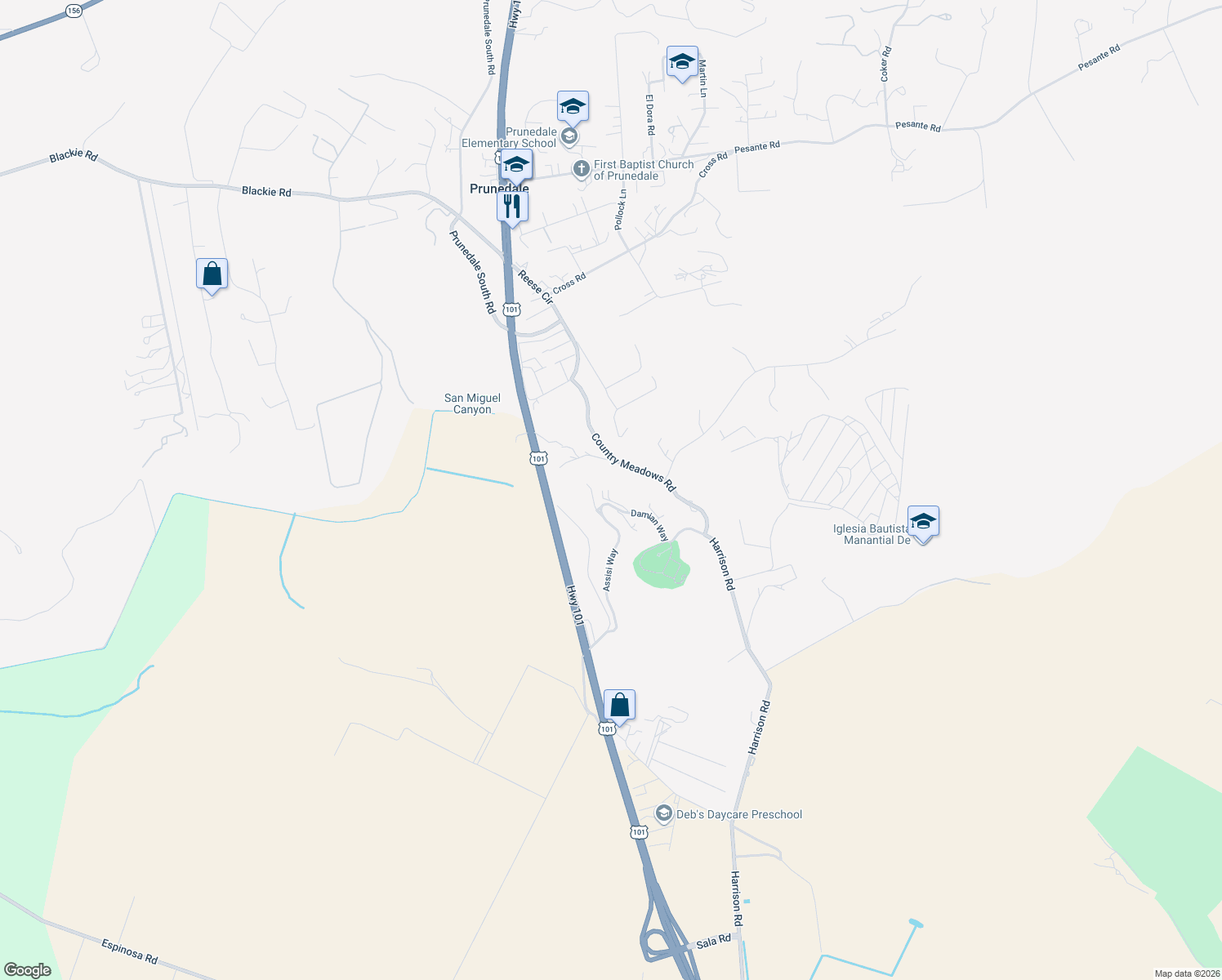 map of restaurants, bars, coffee shops, grocery stores, and more near 17925 Damian Way in Salinas