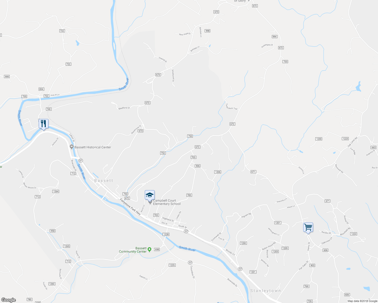 map of restaurants, bars, coffee shops, grocery stores, and more near 1983 Bassett Heights Rd in Bassett