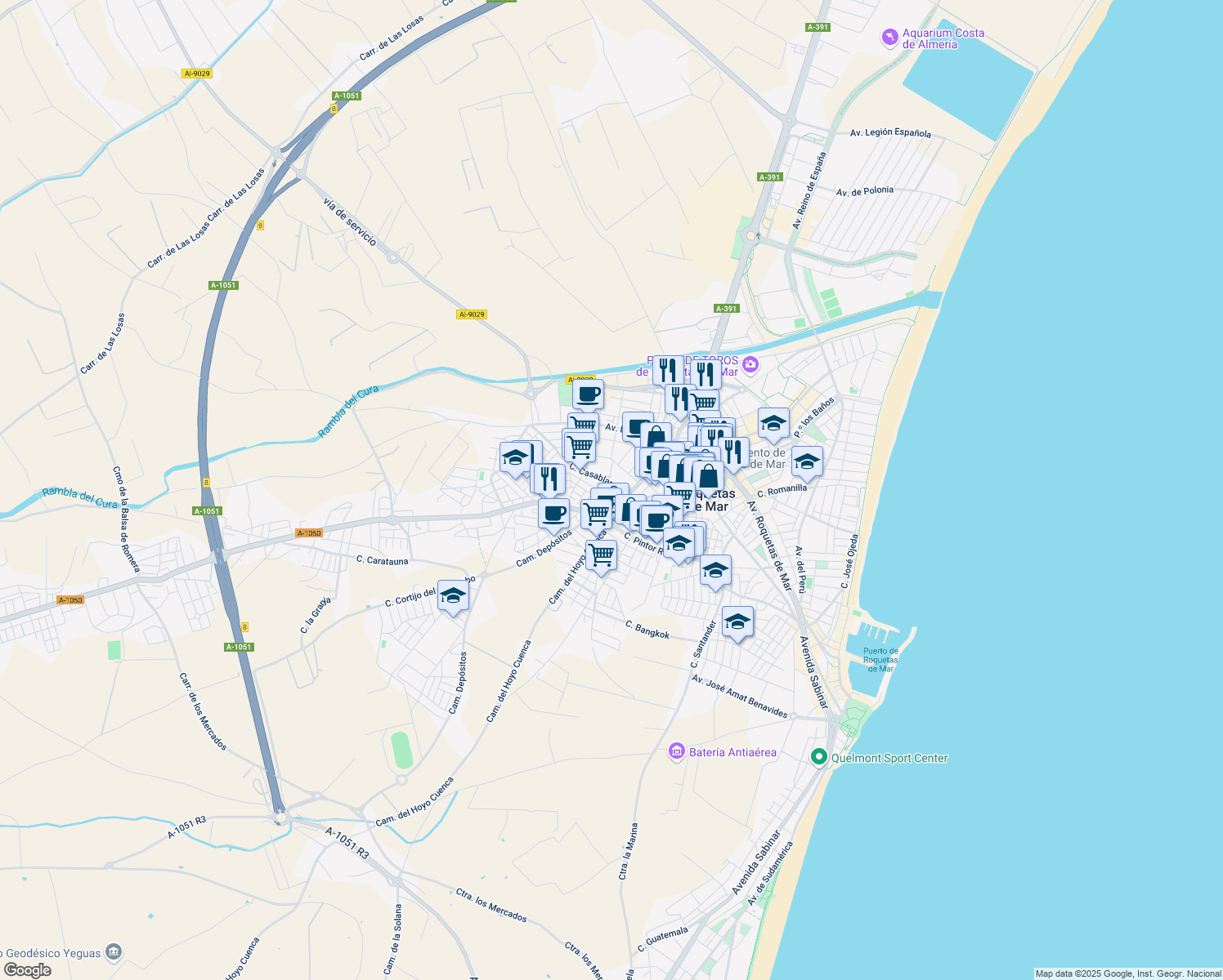map of restaurants, bars, coffee shops, grocery stores, and more near 21 Calle Casablanca in Roquetas de Mar