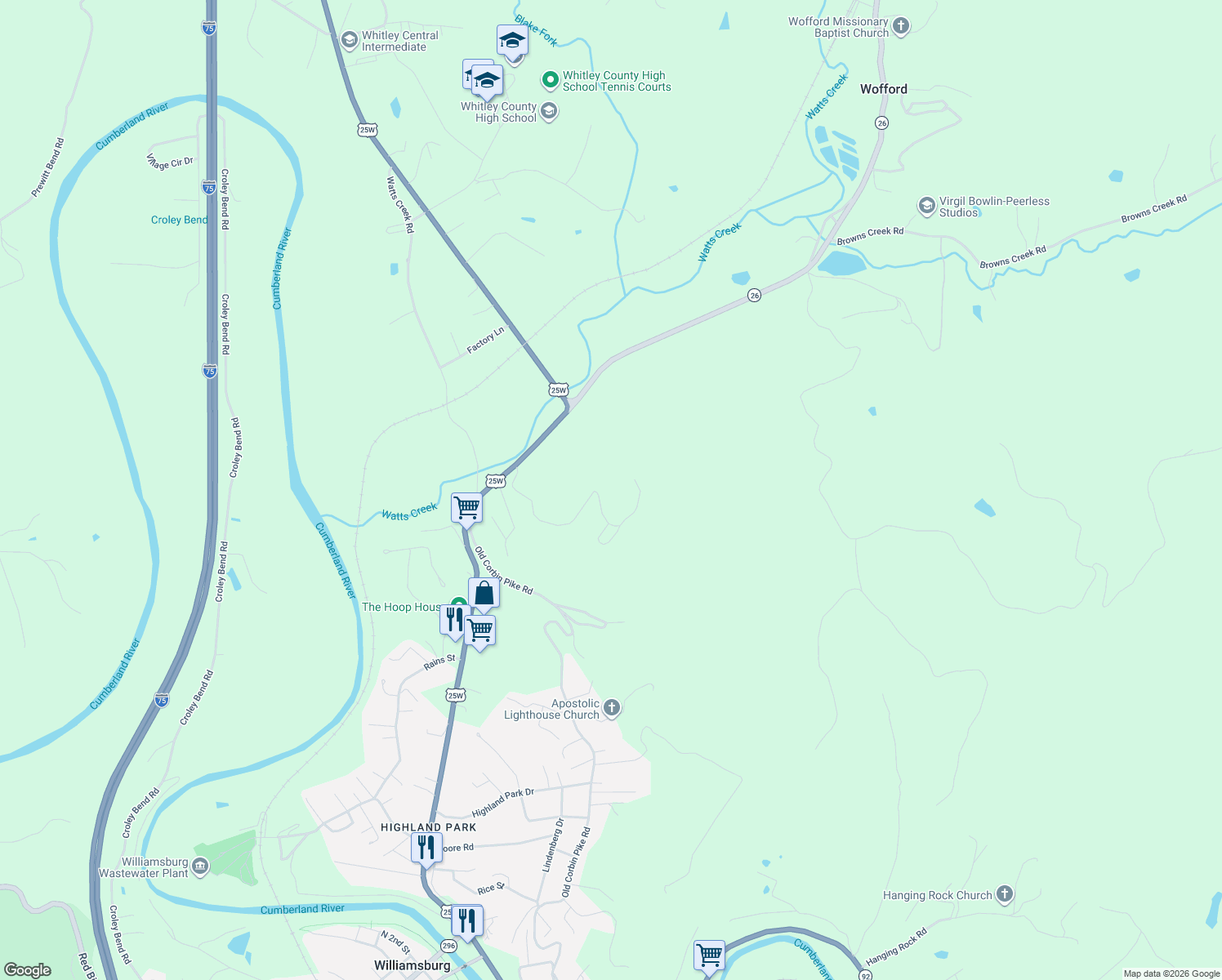 map of restaurants, bars, coffee shops, grocery stores, and more near 400 Buc Road in Williamsburg