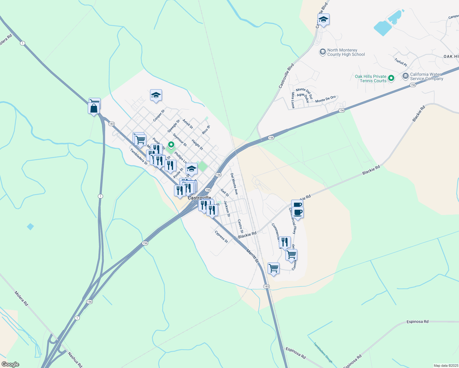map of restaurants, bars, coffee shops, grocery stores, and more near 11400 Palmer Street in Castroville