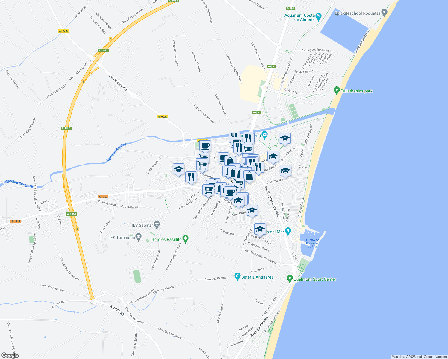 map of restaurants, bars, coffee shops, grocery stores, and more near 57 Avenida Pablo Picasso in Roquetas de Mar