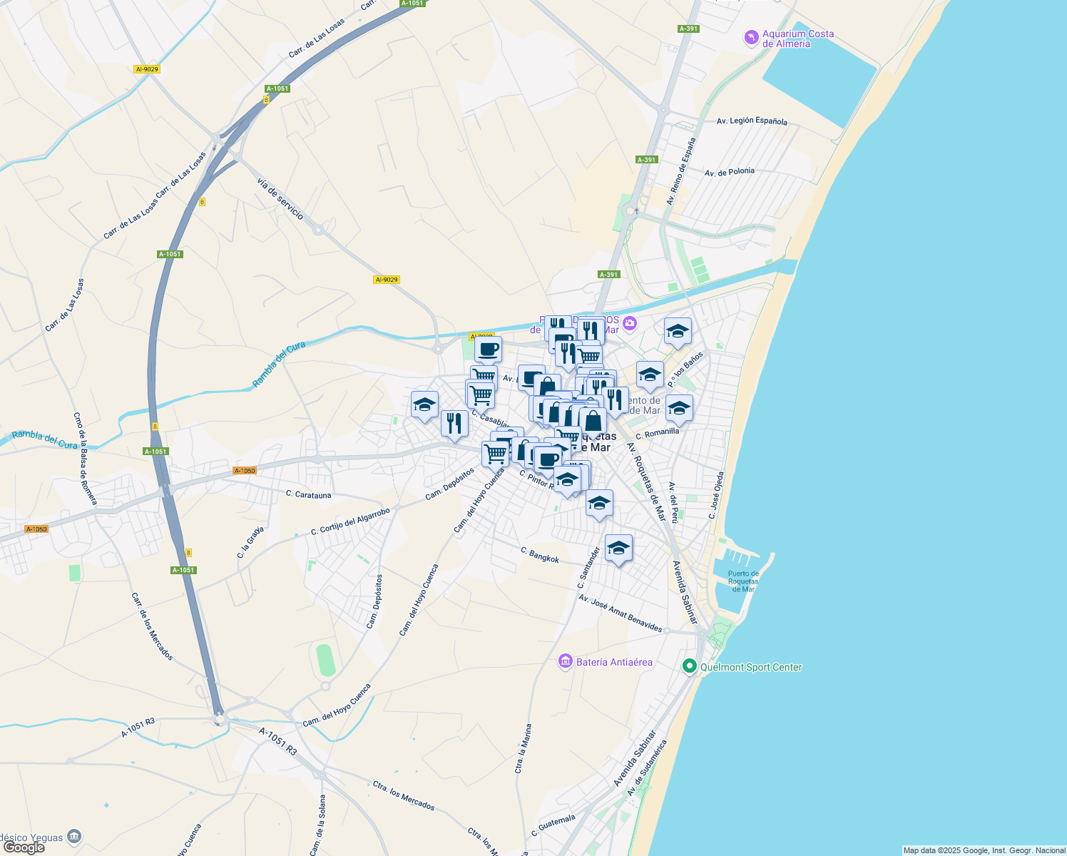 map of restaurants, bars, coffee shops, grocery stores, and more near 55 Avenida Pablo Picasso in Roquetas de Mar