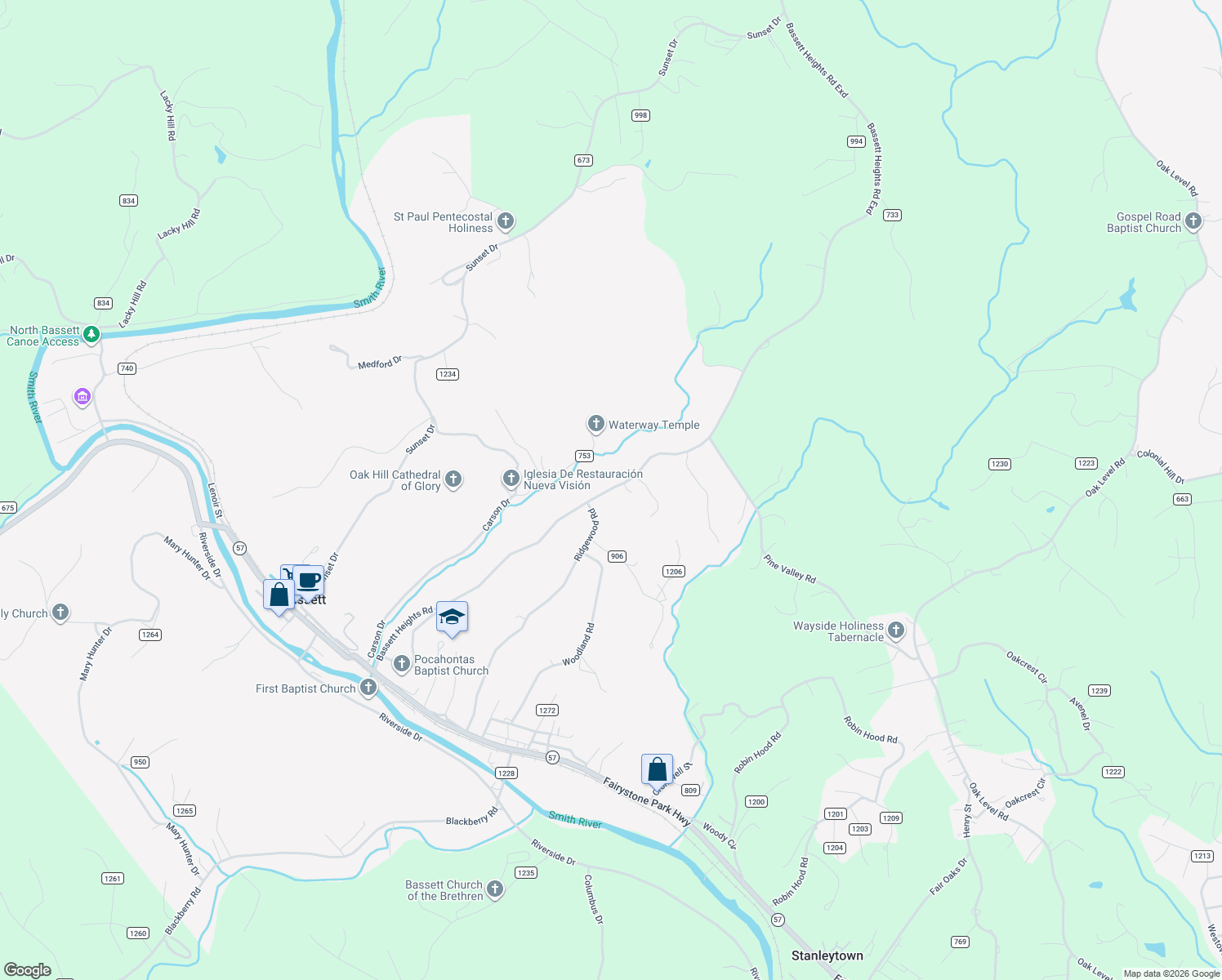 map of restaurants, bars, coffee shops, grocery stores, and more near Bassett Heights Road Exd in Bassett