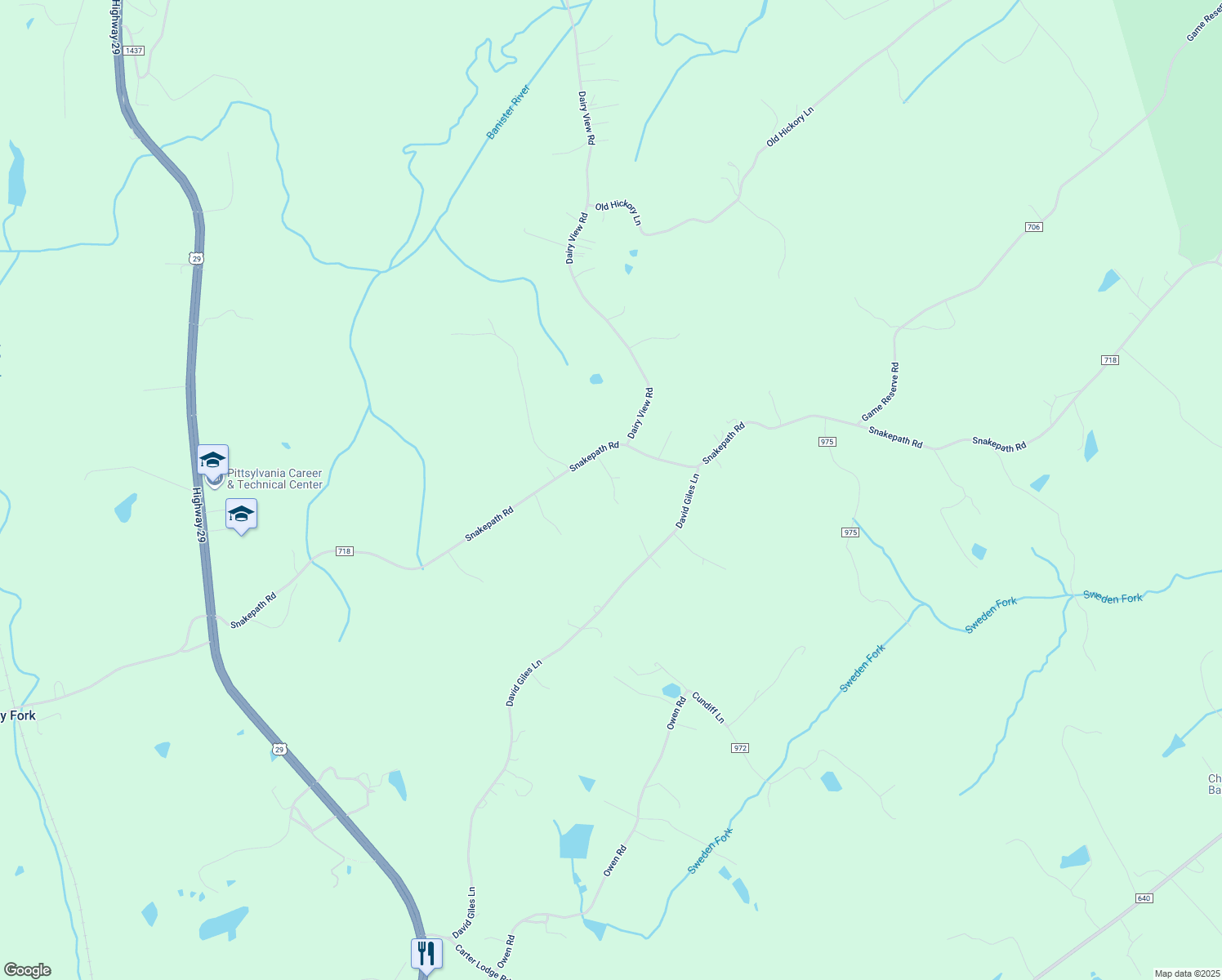 map of restaurants, bars, coffee shops, grocery stores, and more near 1588 Snakepath Road in Blairs