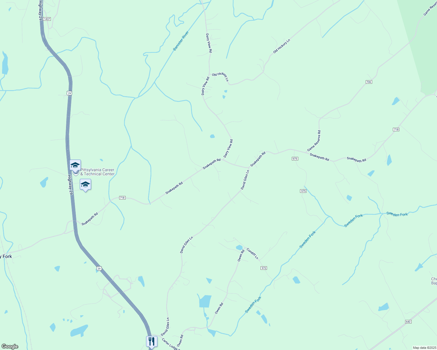 map of restaurants, bars, coffee shops, grocery stores, and more near 1588 Snakepath Road in Blairs