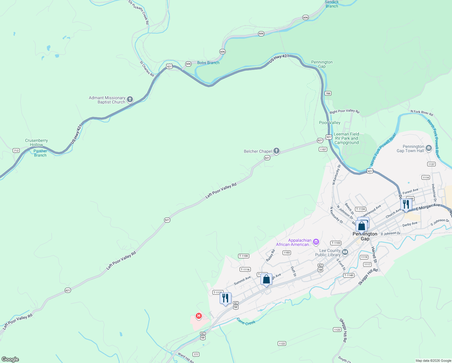 map of restaurants, bars, coffee shops, grocery stores, and more near State Route 621 in Pennington Gap