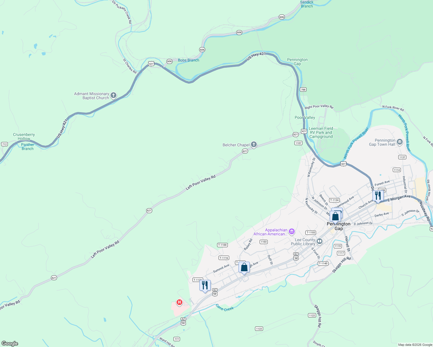 map of restaurants, bars, coffee shops, grocery stores, and more near State Route 621 in Pennington Gap