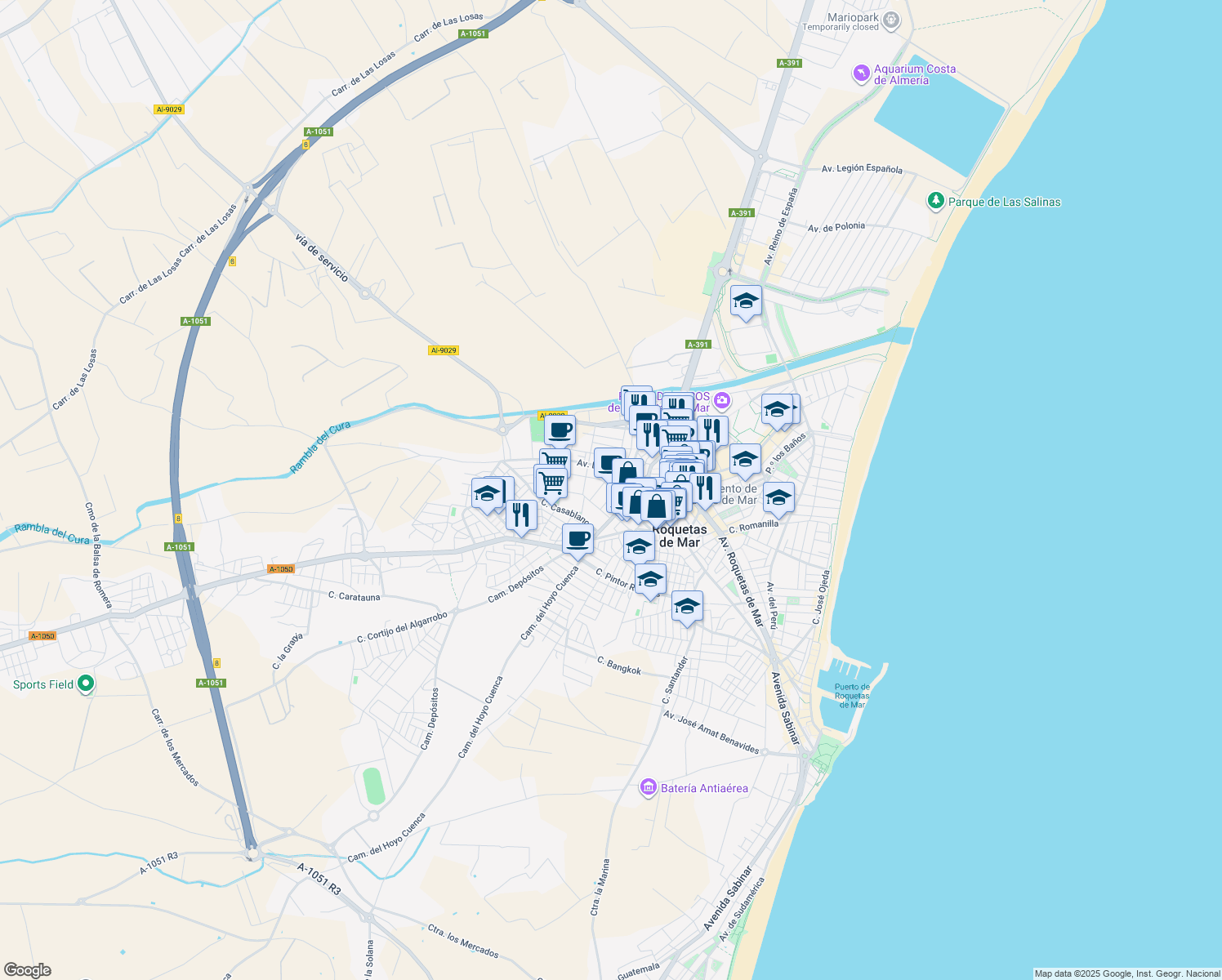 map of restaurants, bars, coffee shops, grocery stores, and more near 7 Calle Rafael Escuredo in Roquetas de Mar