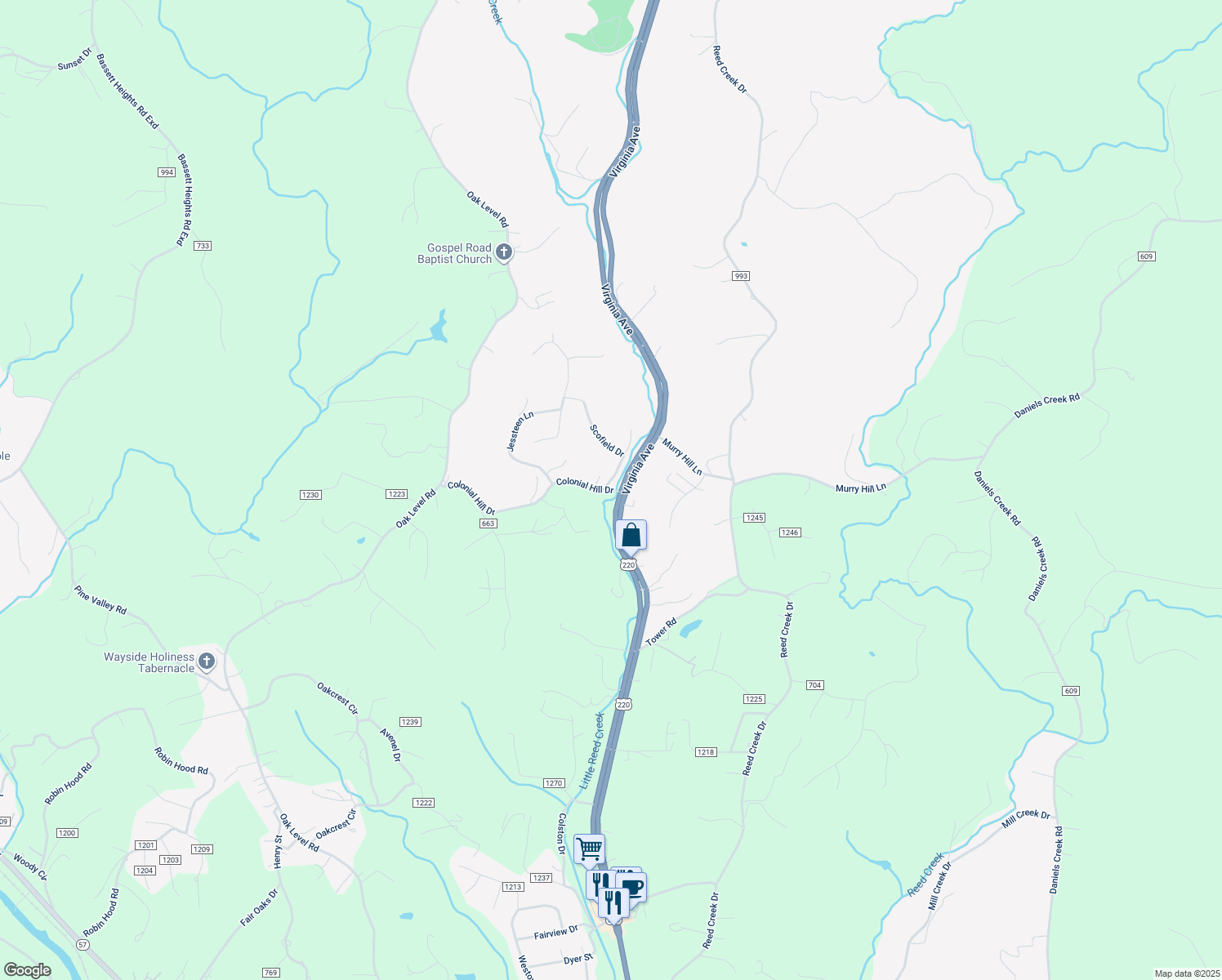 map of restaurants, bars, coffee shops, grocery stores, and more near 1 Colonial Hill Drive in Bassett