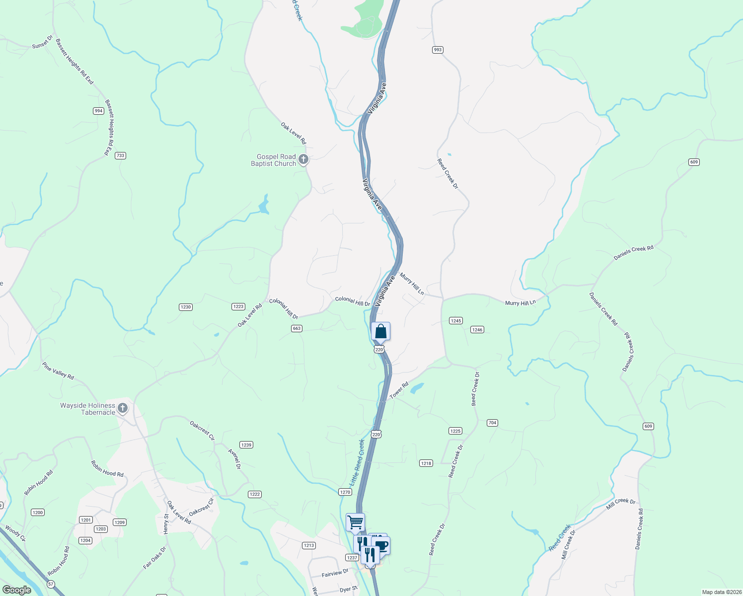 map of restaurants, bars, coffee shops, grocery stores, and more near 1-399 Colonial Hill Dr in Bassett