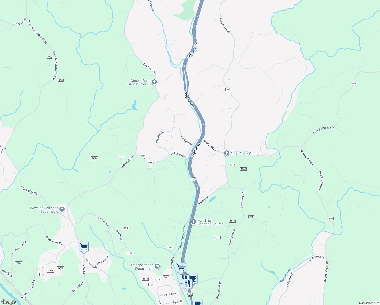map of restaurants, bars, coffee shops, grocery stores, and more near 1-399 Colonial Hill Dr in Bassett